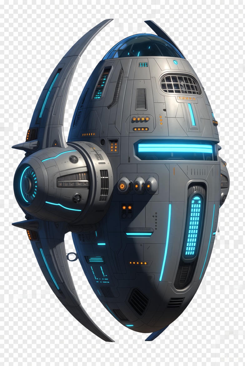 Gray spacecraft with cyan light strips and a curved side pod