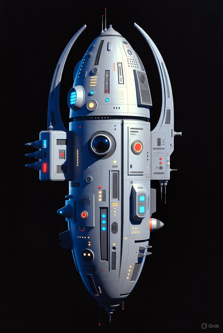 Tall silver spacecraft with swept fins and colored indicator lights