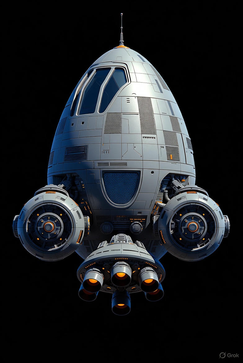 Silver egg-shaped craft with two side engines and glowing thrusters
