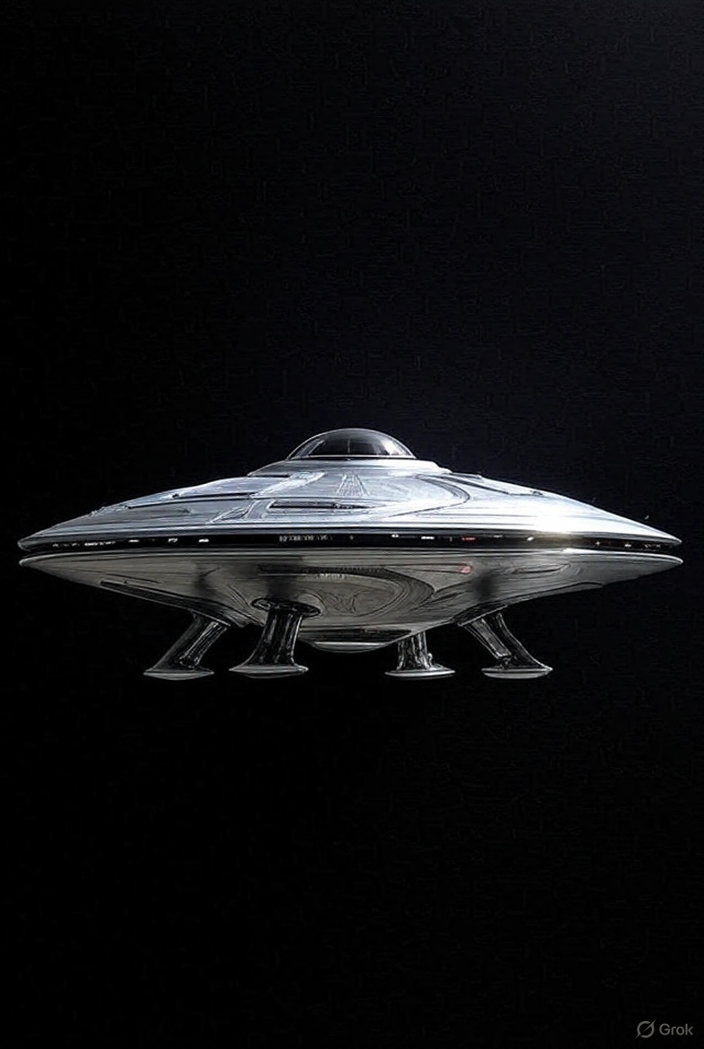 Silver saucer with a dark dome and four landing legs